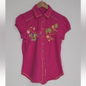 Double D Ranch Embroidered Dragon Pink Pearl Snap Button Down Size XS Womens